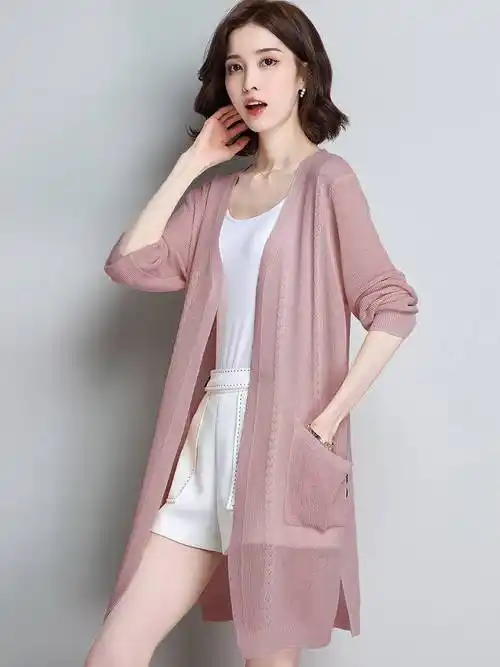 桑蚕丝开衫薄款女装夏季披肩冰丝针织衫外搭中长款防晒空调衫外套