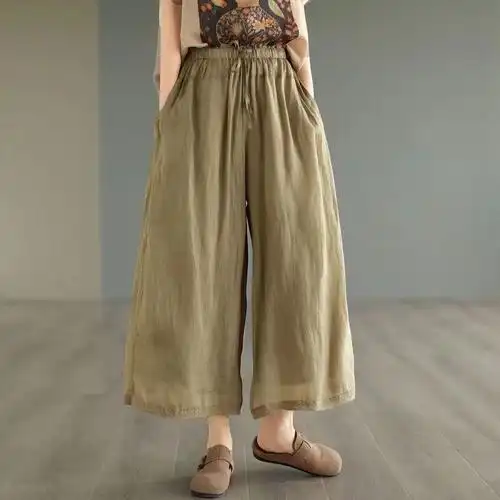 官图文艺复古新款纯色棉麻直筒阔腿裤女双层内里九分休闲裤子