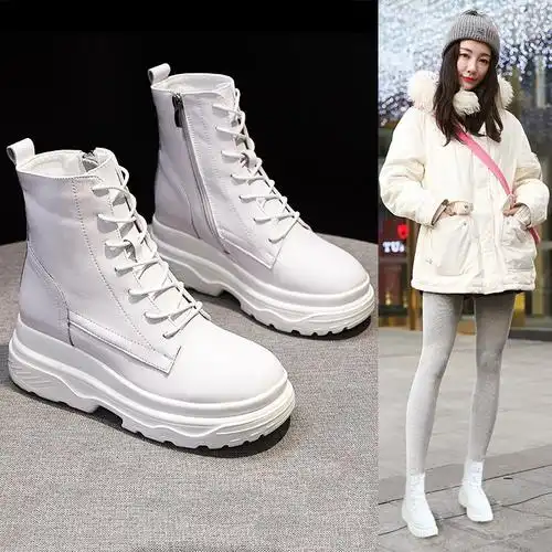 白色女鞋冬厚底_秋冬马丁靴女2020新款短靴秋英伦百搭高跟白色短靴