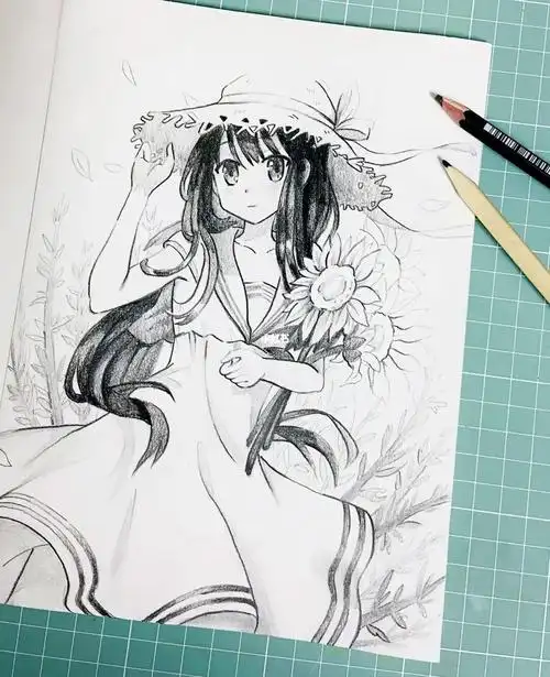 动漫人物  ,#素描动漫  #动漫女孩手绘  #向日葵手绘