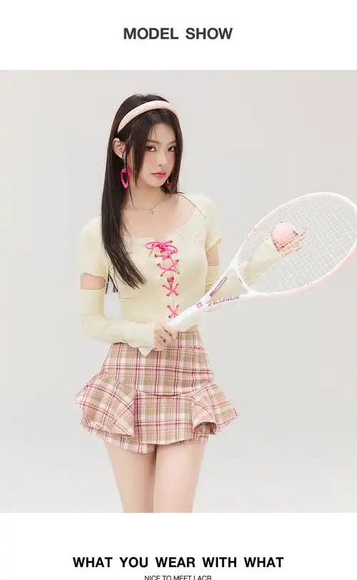 甜心辣妹女团风撞色绑带袖套紧身抽绳正肩短t恤女设计感潮流上… - 17