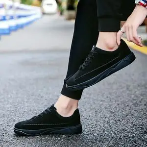 全黑色帆布鞋男低帮布鞋系带男生球鞋耐脏工作鞋韩版平底鞋男鞋