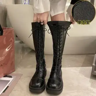 亲问小个子女生长筒靴内增高长靴子女不过膝盖春秋牛仔厚底高筒黑色单