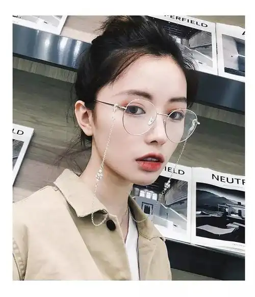 链子金丝框原宿风多边形无度数眼镜男眼镜女学生韩版链条挂链复古椭圆