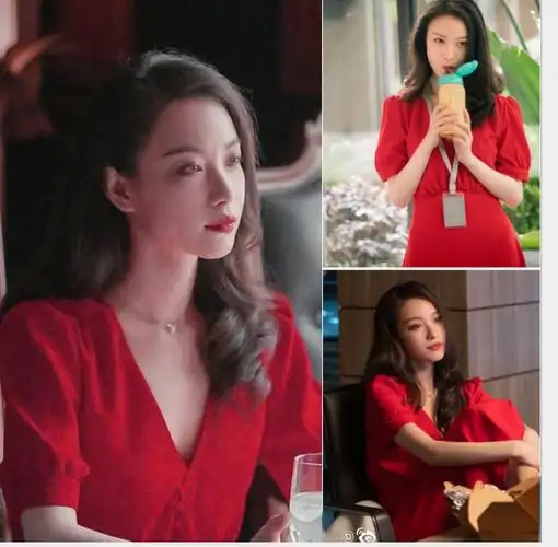 流金岁月朱锁锁同款设计雪纺收腰红色中长气质显瘦连衣裙