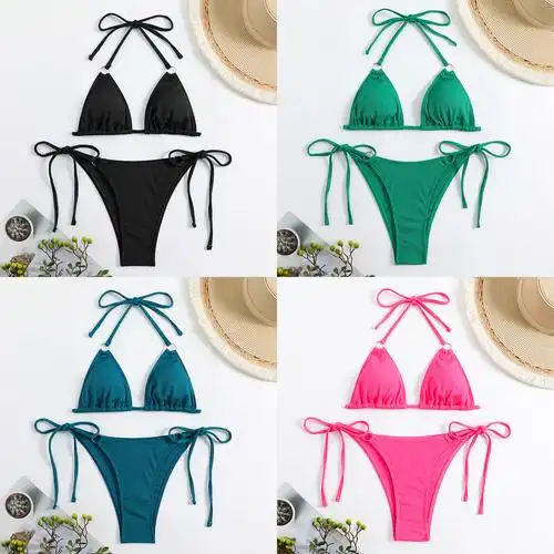 跨境新款泳衣外贸亚马逊爆款素色挂脖系带性感三角包比基尼bikini