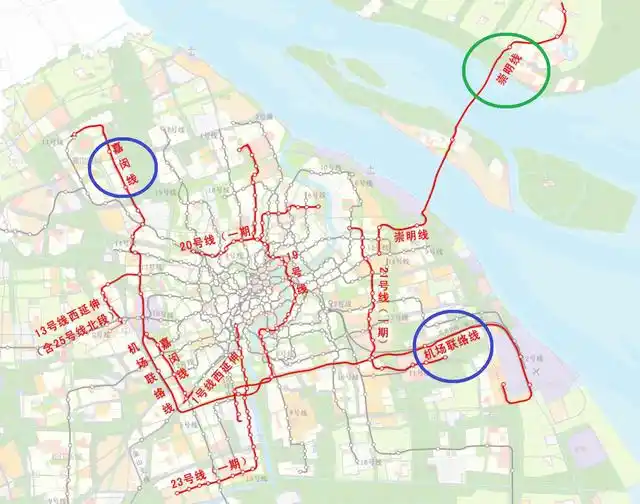 嘉闵线,机场联络线和崇明线的地图