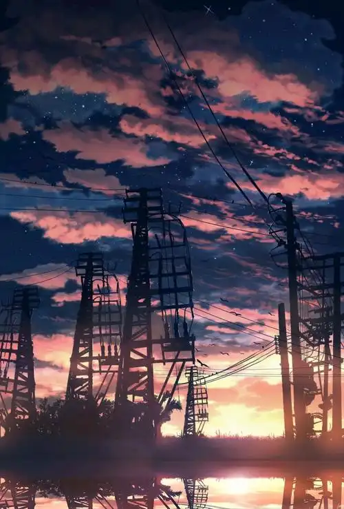 2k手机日落日出 黄昏晚霞高压线 电线杆 动漫风景超高清壁纸 - 日本
