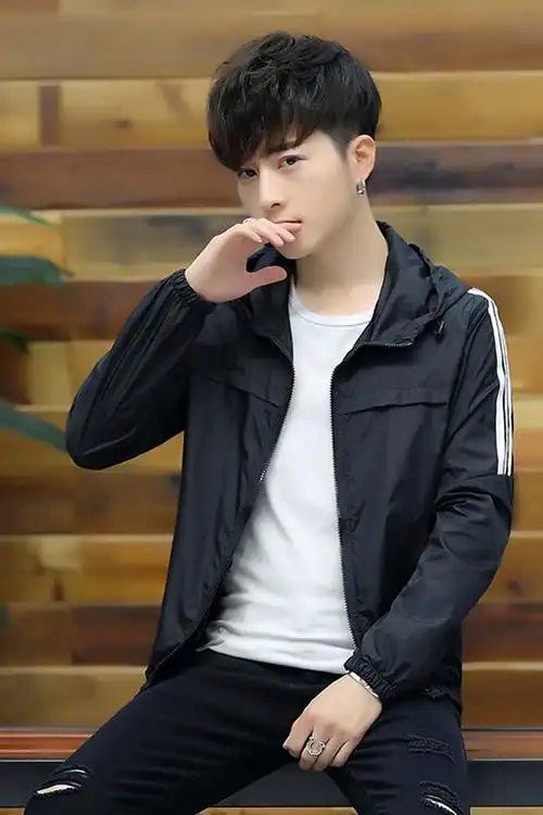 夏季薄款外套男休闲防晒衣男韩版连帽修身夹克男外套轻薄开衫防晒服