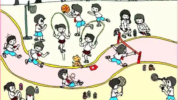 时间:从画面内容,应知晓这是课间休息时,或体育课上.