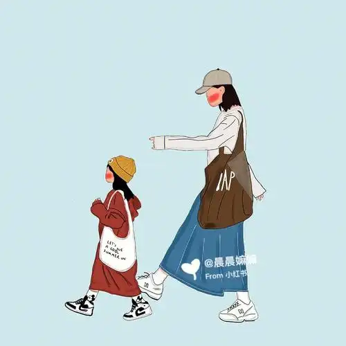 原创手绘头像母女两个女儿姐妹