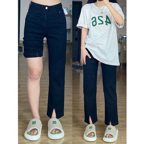 黑色开叉牛仔裤女春秋高腰显瘦梨形身材直筒裤子时髦大码九分裤潮
