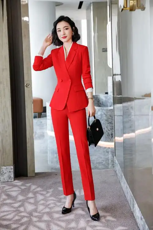 红色西服套装女2019秋冬ol职业装工作服晚会礼会主持人西装外套女