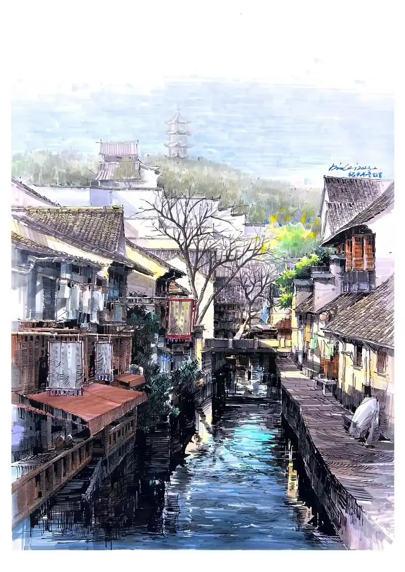 江南水乡/绍兴书圣故里.#手绘 #绘画过程分享 #马克笔上色 - 抖音