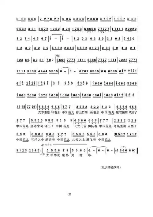 中国范儿 2013央视春晚曲目 玖月奇迹 歌谱 简谱