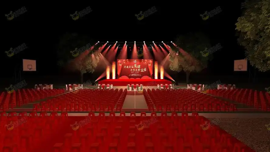 中式晚会乡村篮球场清新简约舞台内场效果图