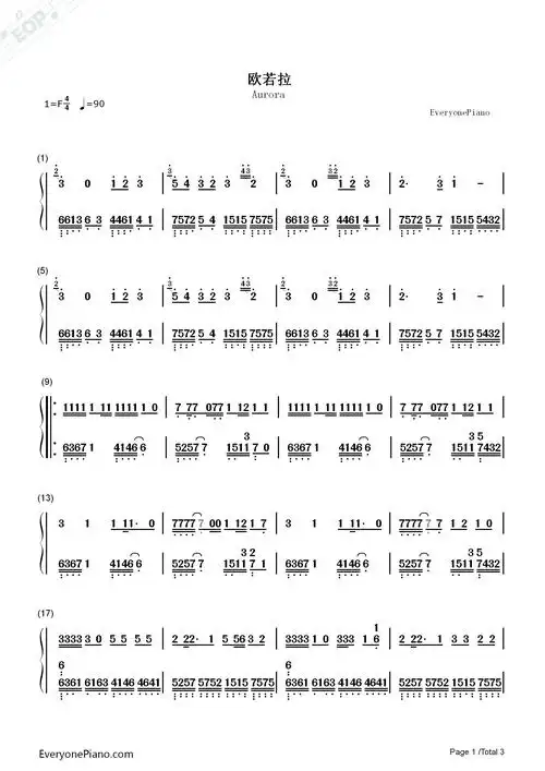 欧若拉-张韶涵双手简谱预览1