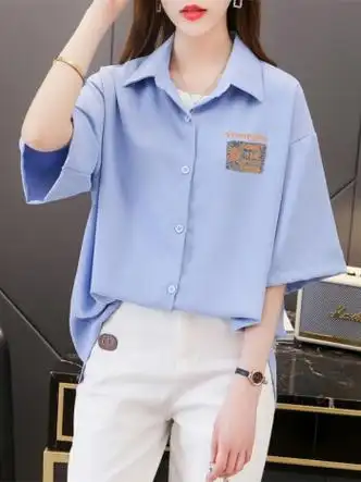 衬衫女时尚百搭短袖上衣女减龄小清新衬衣宽松休闲学生polo衫女蓝色m