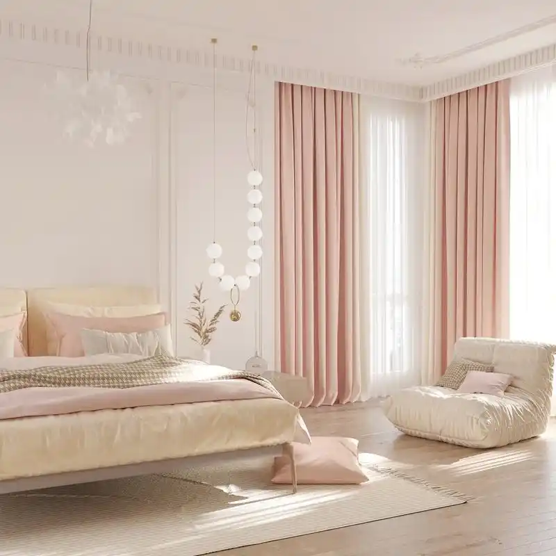 3d渲染粉色卧室樱花粉拼奶油色窗帘