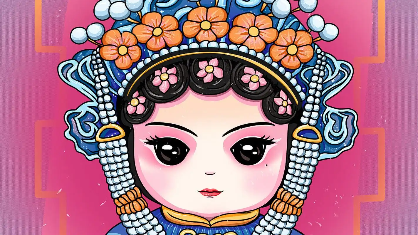 国潮风女花旦脸谱插画 国潮风好火,画了个可可爱爱的q版脸谱 以后可以