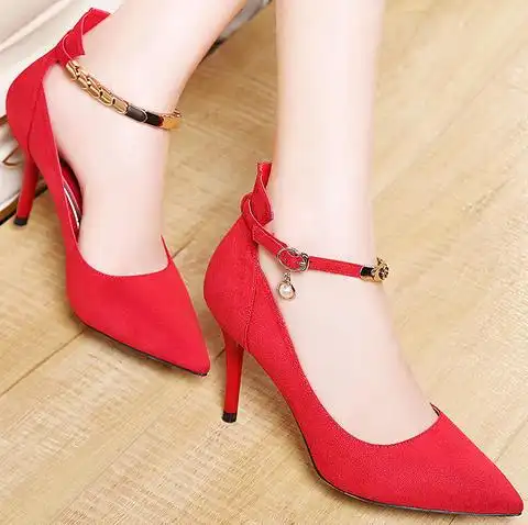 尖头细高跟一字扣流苏水钻红色新娘结婚鞋单鞋伴娘鞋6q395a