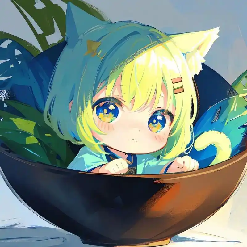 在碗里的q版可爱猫耳女孩头像06|粉彩画 78可自行拿图自用 78