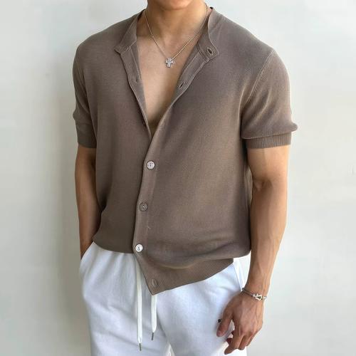 欧美硬汉丝光棉冰丝针织开衫男凉感透气修身短袖衬衣休闲工装衬衫