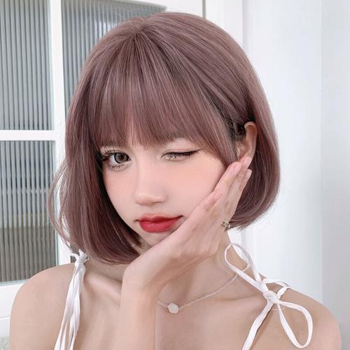 2023假发女发短发造型圆脸全头套式2021年时尚新款减龄卷发粉色假