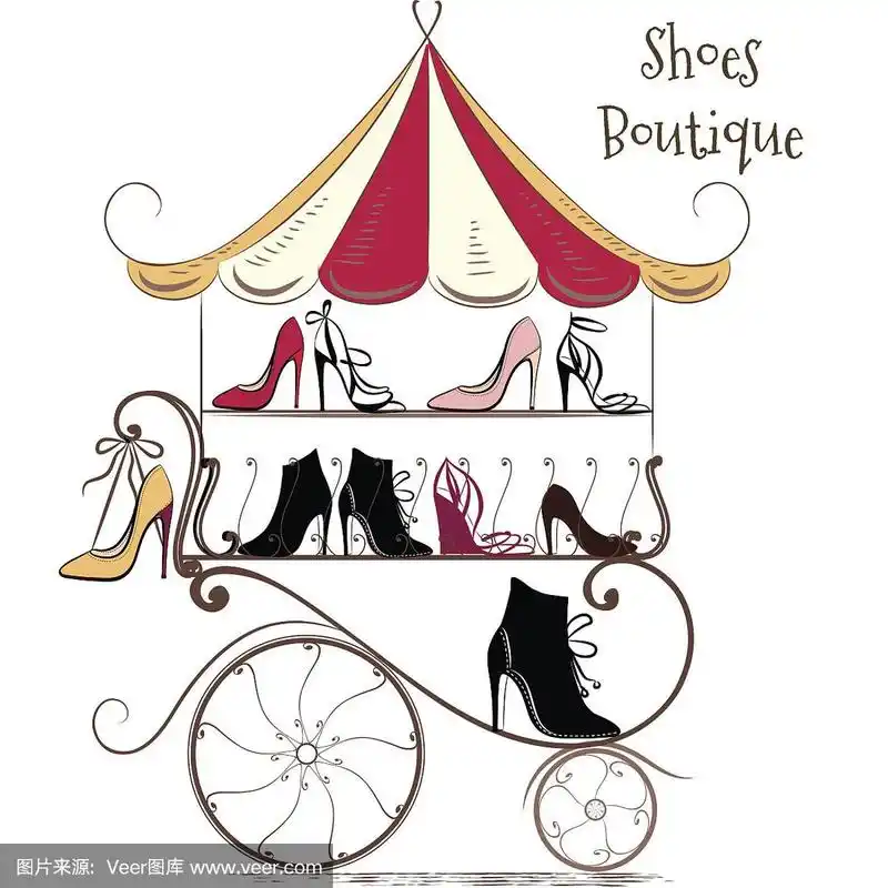 矢量插图与鞋店或精品店充分优雅的女性鞋
