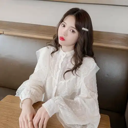 提花点点杏色透视雪纺衬衫女春秋长袖设计感小众荷叶边蕾丝衬衣