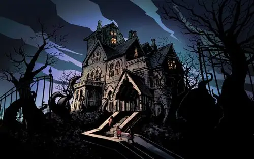 夜,阴沉,恐怖,房子,树,梯子,人,艺术画 640x1136 iphone 5/5s/5c/se