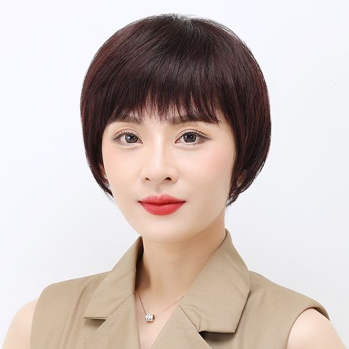 真发假发女短发妈妈短直发中老年女士全头套发型真人发丝自然发套