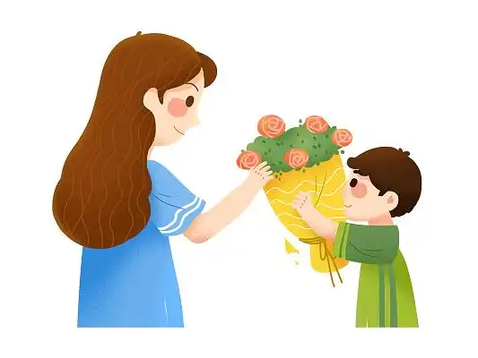 彩色手绘卡通母亲节手绘给妈妈送花的小男孩元素png素材