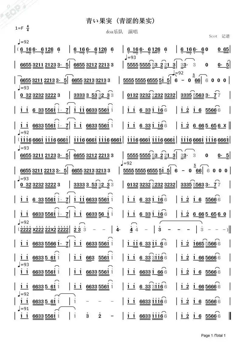 「奈克瑟斯奥特曼主题曲」青い果実 (青涩果实)-doa演唱-动态简谱