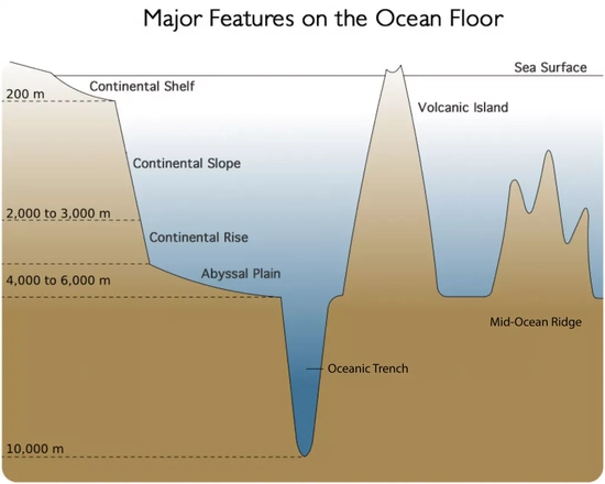 图示海洋剖面结构,可见海底地形的多样程度并不亚于陆地