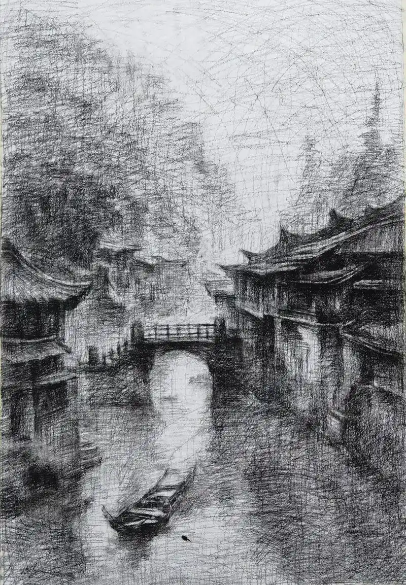 江南烟雨色 #素描 #忆江南 - 抖音