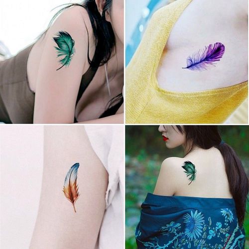 ins超仙彩色羽毛纹身贴防水女持久逼真性感锁骨脚踝遮疤痕贴纸