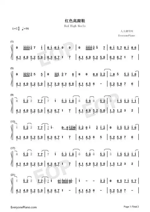 红色高跟鞋-初学者简易版-爱情呼叫转移2主题曲双手简谱预览1