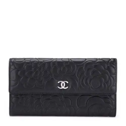 chanel/香奈儿 黑色羊皮山茶花印花设计女士长款钱包