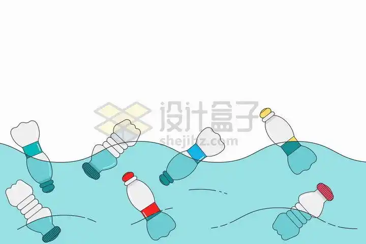 海水中漂浮着的塑料瓶海洋垃圾污染手绘插画png图片免抠矢量素材