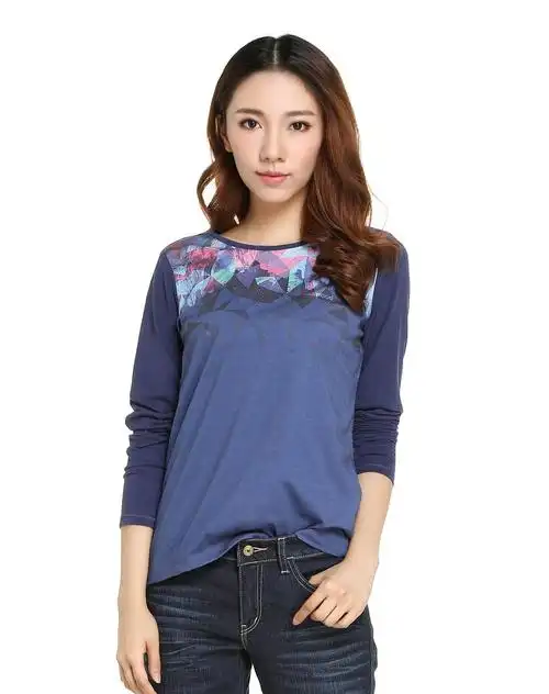 女款藏蓝色印花钉珠长袖t恤