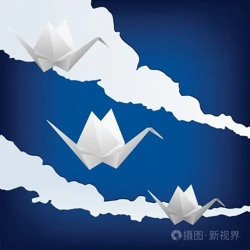 三只纸鹤放飞在天空中