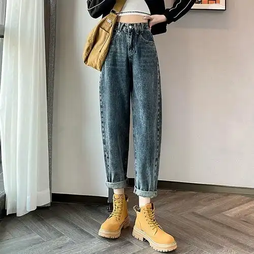 高腰复古舒适水洗牛仔裤女春季休闲裤新款哈伦裤宽松显瘦老爹裤