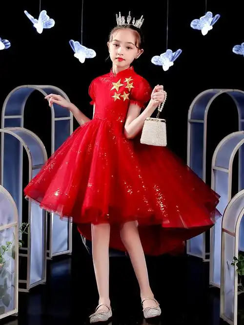 红色礼服六一儿童主题朗诵演大洋气拖尾小女孩儿童礼服
