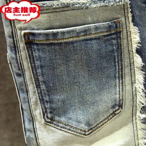 shanchao潮牌贴布痞帅牛仔裤男个性多口袋修身小脚裤撞色补丁破洞弹力