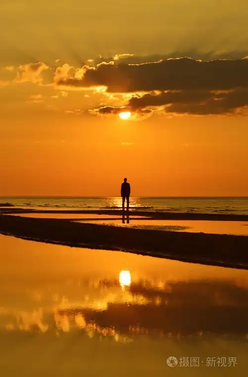 一个人在海边看日落的轮廓