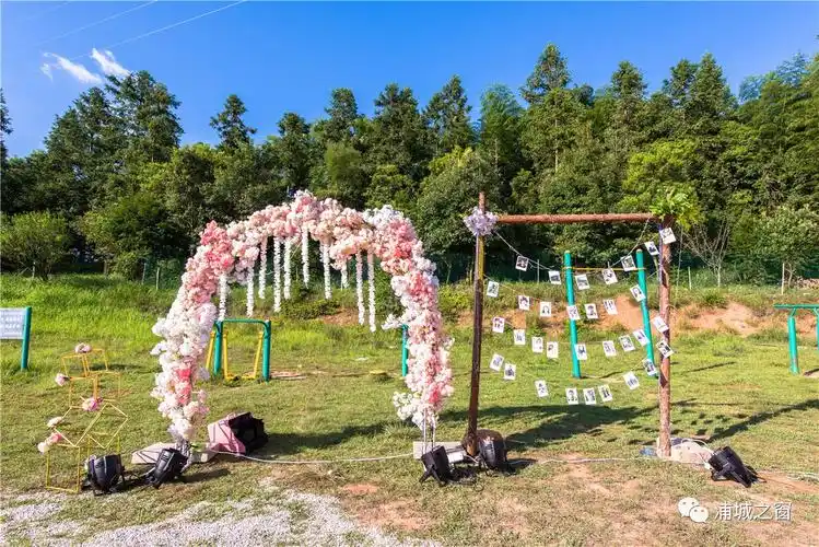 天空湛蓝,阳光正好,场地布置的非常温馨,入场不仅有红毯还有照片展示