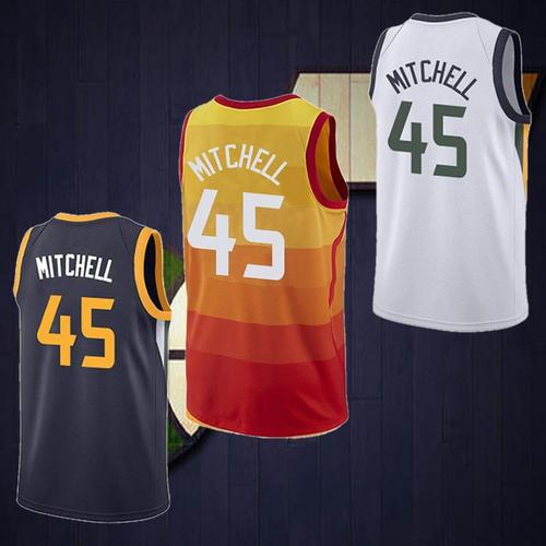 新款爵士队球衣45号mitchell米切尔城市彩虹热压版白色篮球服