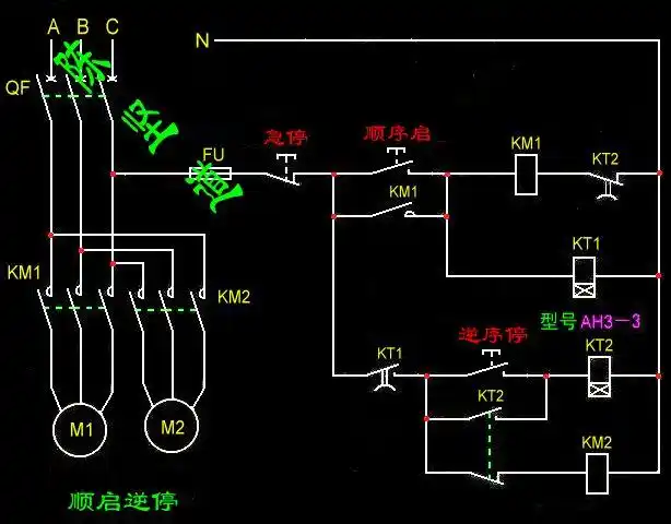 求两台电动机顺时序启动逆时序停的电路图