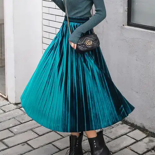 金丝绒百褶裙半身裙韩版中长高腰显瘦风琴长裙子